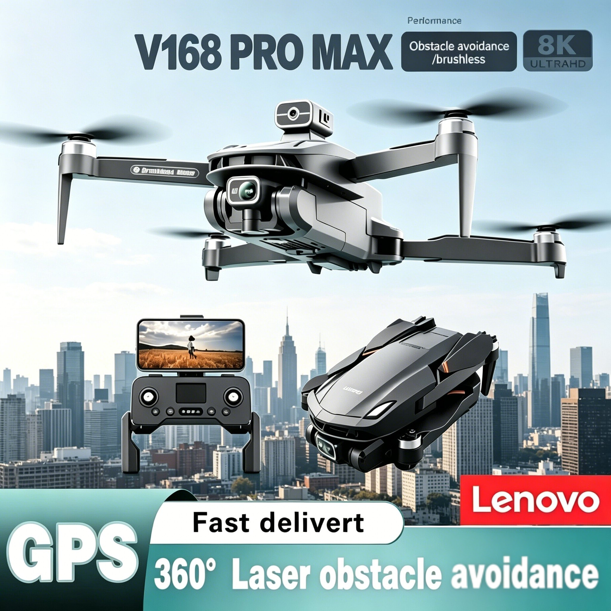 Drone Camera Wide Angle - Lenovo V168 Drone 4K Professinal Three